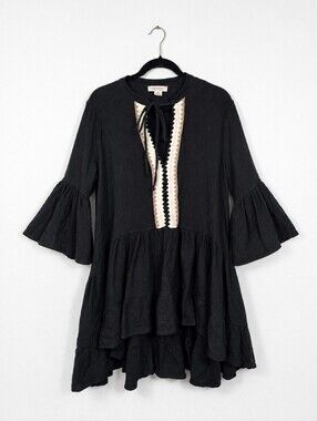 Astrid Italy Black Cotton Tiered Babydoll Tunic Dress Bell Sleeve Boho Medium